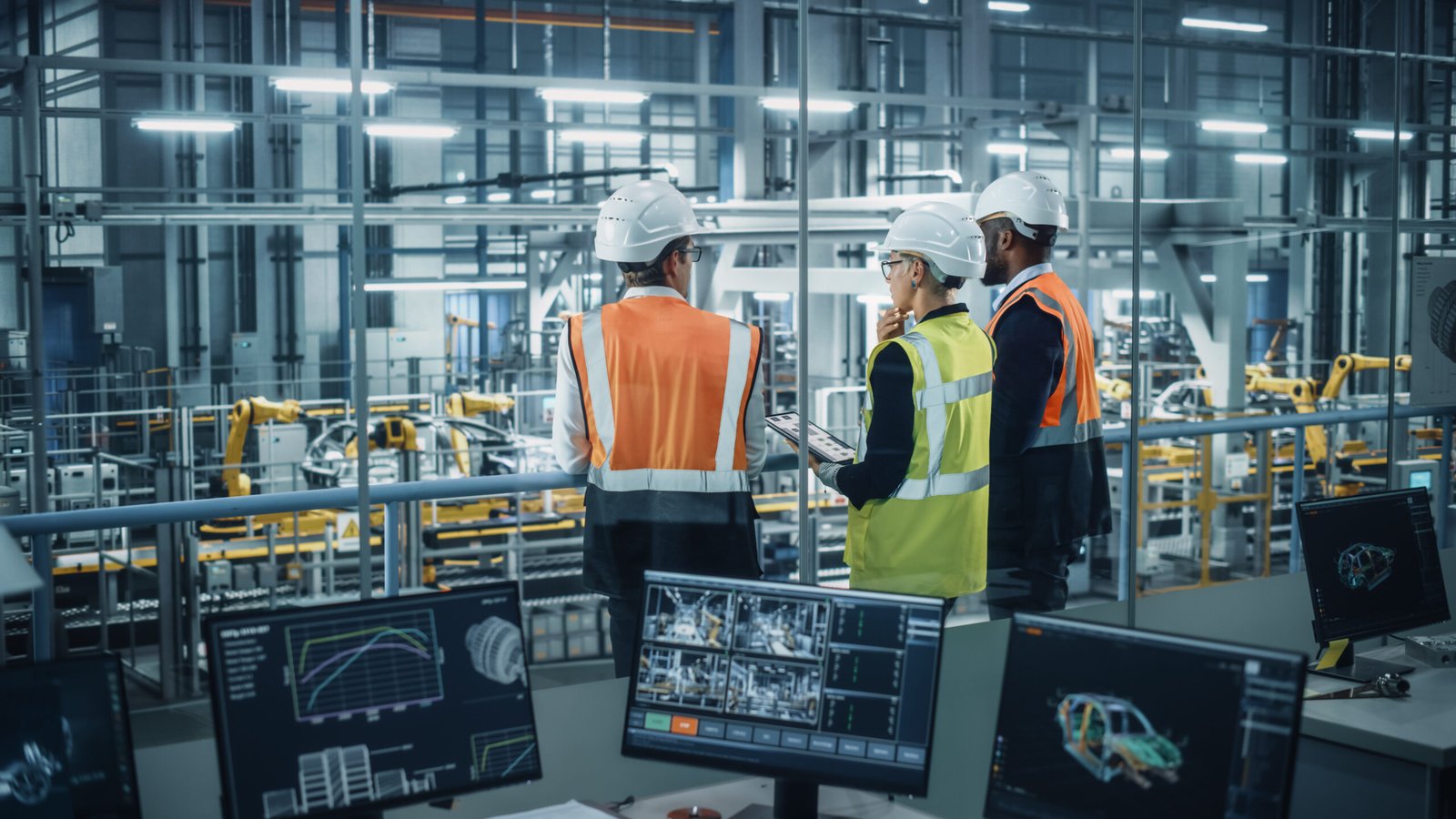 Trois industriels examinent leur chaîne de production pour évaluer leurs outils de productivités